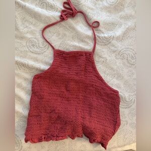 American Eagle Salmon Pink Smocked Crop Halter Tie Top